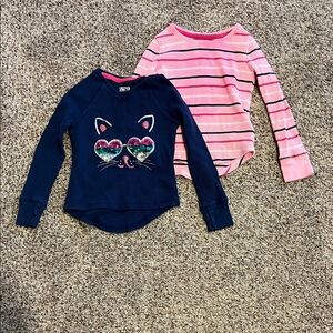 Navy Cat Face and Pink Striped Kids Tops